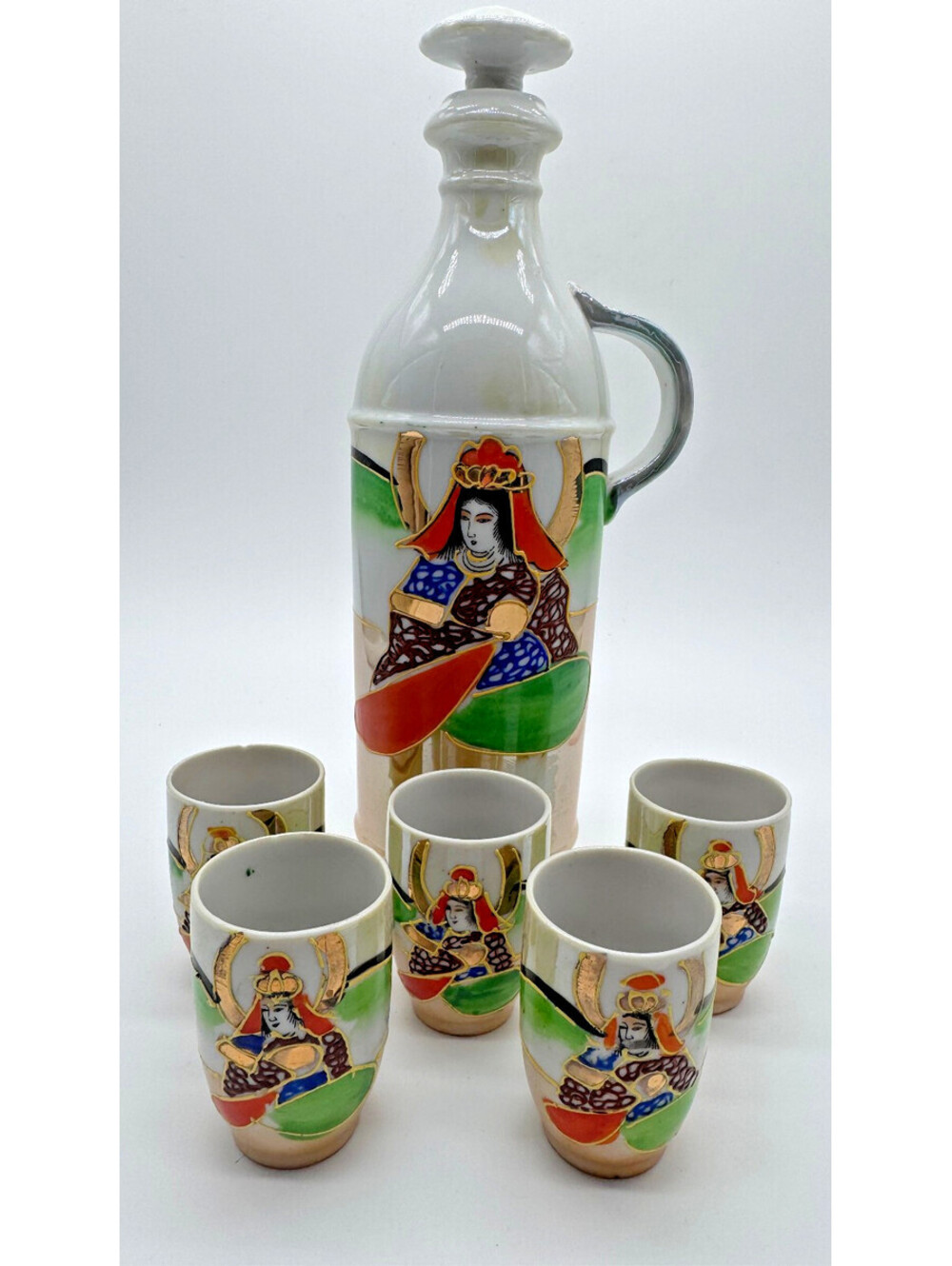 Vintage Mepoco Ware Japan Geisha Lusterware Sake Set Decanter 5 Cups 6 Pc